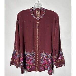 Johnny Was Shirt Womens Small Red Audrey Mandarin Collar Tunic Embroidered Silk